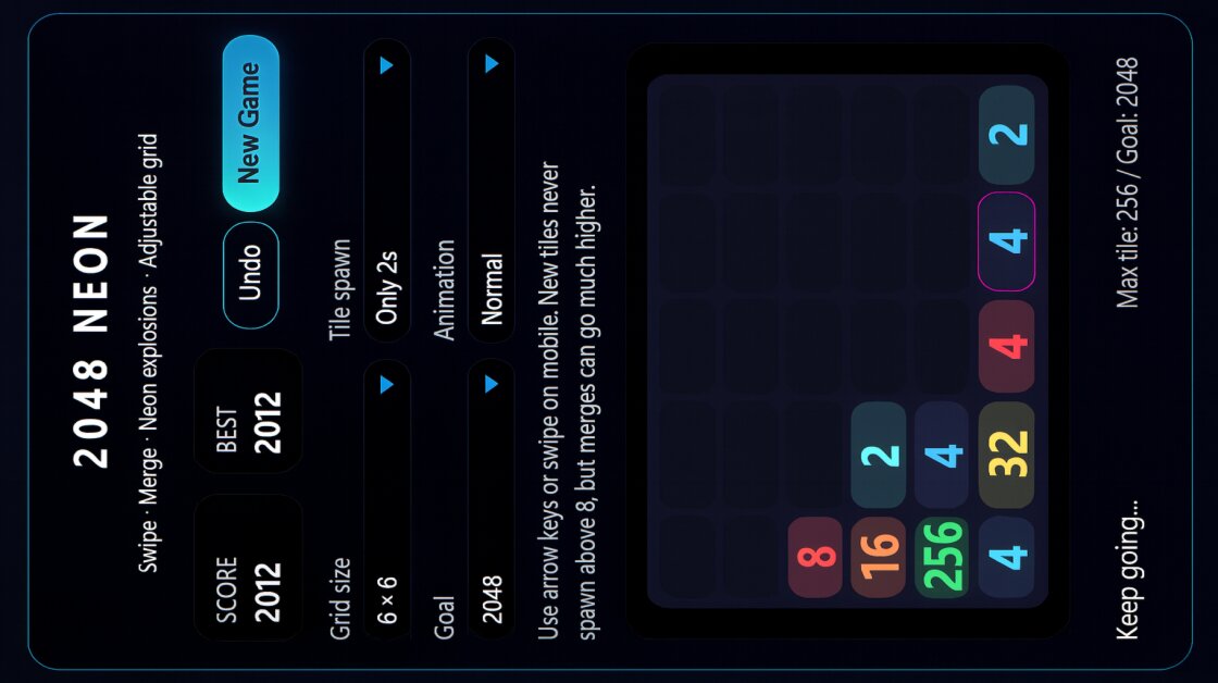 2048 Neon — Adjustable Grid, Swipe, Merg